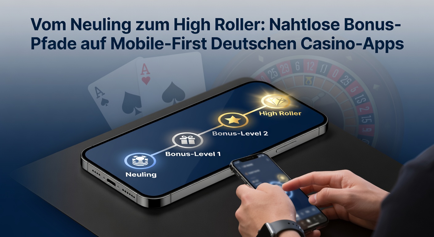 Smartphone mit offener Casino-App, das Bonus-Stufen vom Neuling bis High Roller darstellt, umgeben von Grafiken von Coins und Freispielen